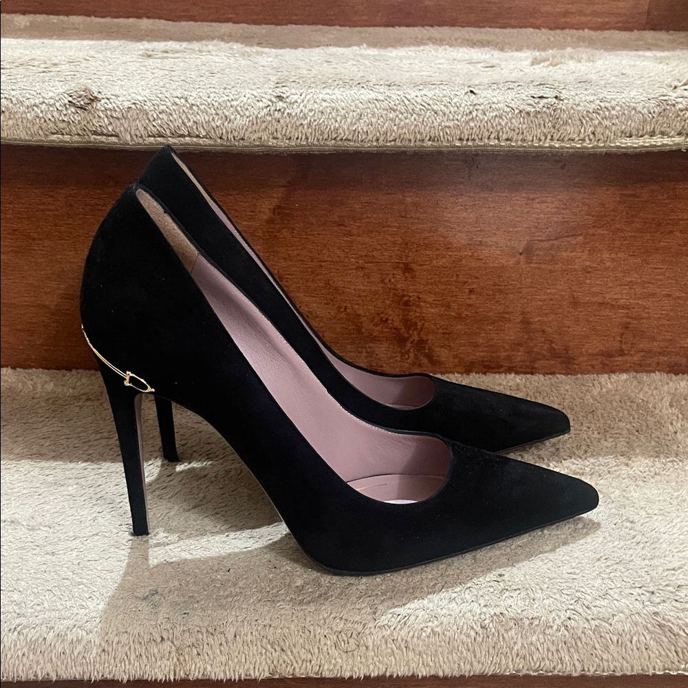Gucci Black Suede Heels with Gold Accent